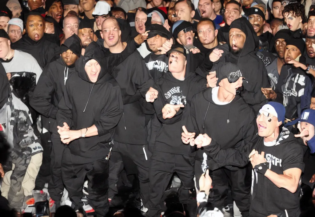 Prompt: john cena in a hoodie during a rap battle held in a warehouse. Rap battle from the movie 8 mile.