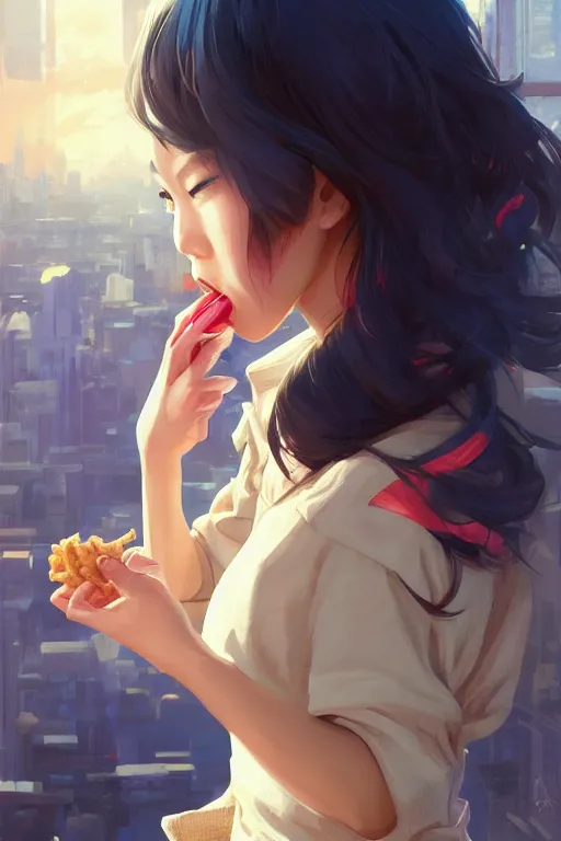 Prompt: asian girl eating a ritz cracker by artgerm, tooth wu, dan mumford, beeple, wlop, rossdraws, james jean, marc simonetti, artstation giuseppe dangelico pino and michael garmash and rob rey and greg manchess and huang guangjian and makoto shinkai