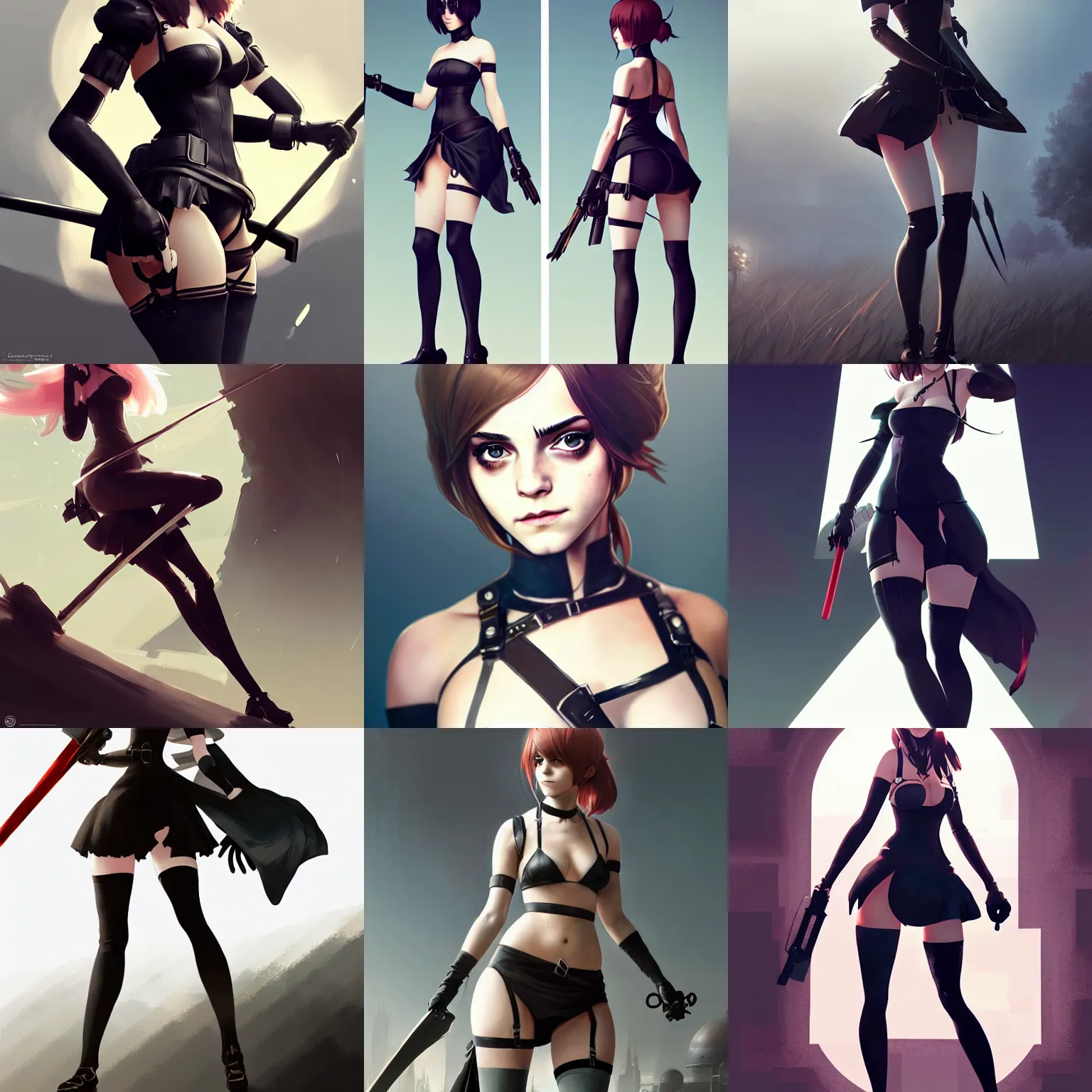 Prompt: attractive Emma Watson as 2B from Nier Automata and Yoko Littner , hourglass slim figure , full body shot close up , seductive smile , details, sharp focus , illustration , by Jordan Grimmer and greg rutkowski , Trending artstation , pixiv , digital Art