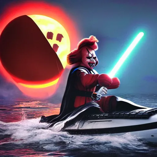 Image similar to pennywise the clown fighting darth vader on a kayak, photo, hyperrealistic, star wars, it