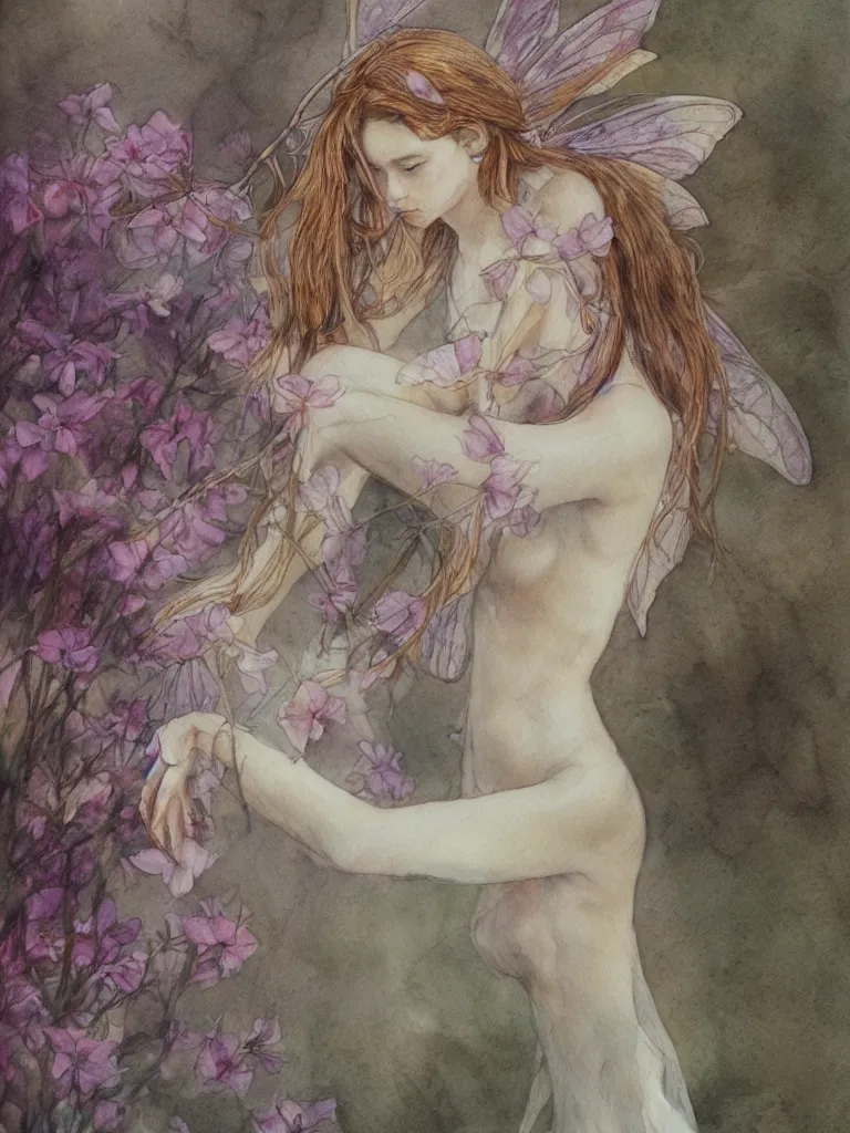 Image similar to study of a flower fairy, illustration, watercolor, alan lee, detailed, pretty, ethereal, realistic, artstation,