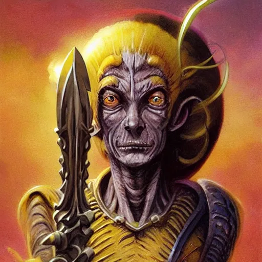 Image similar to ( ( ( half length portrait of yellow - skinned alien githyanki warrior holding a magical silver sword, in the astral plane ) ) ), d & d, fantasy, medieval, greg rutkowski, frank frazetta, alexandre chaudret, boris vallejo, michael whelan, miro petrov, hr giger, magali villeneuve, donato giancola