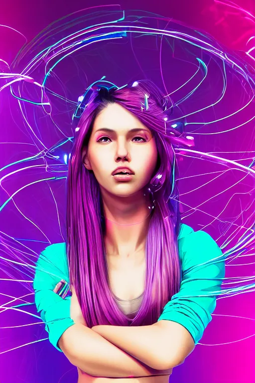 Image similar to a award winning half body portrait of a beautiful woman in a croptop and cargo pants with ombre purple pink teal hairstyle and hands in pockets by ari liloan, surrounded by whirling illuminated lines, outrun, vaporware, shaded flat illustration, digital art, trending on artstation, highly detailed, fine detail, intricate