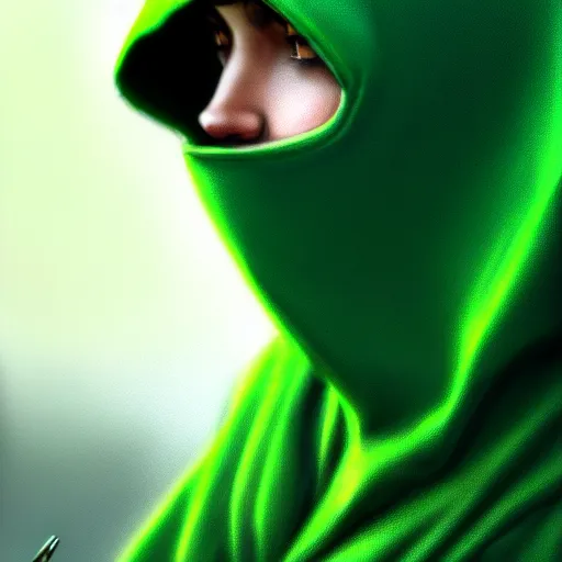 Image similar to portrait of a beautiful programmer with green hood by greg rutkowski, 4 k, close up