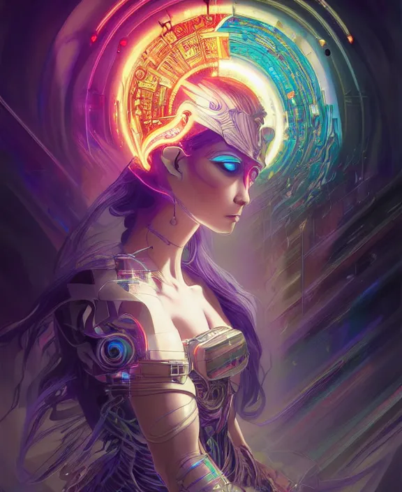 Image similar to a whirlwind of souls rushing inside the metaverse, half body, glowin eyes, tiara, pharaoh, android, cyborg, cyberpunk face, by loish, d & d, fantasy, intricate, elegant, highly detailed, colorful, vivid color, digital painting, artstation, concept art, art by artgerm and greg rutkowski and alphonse mucha