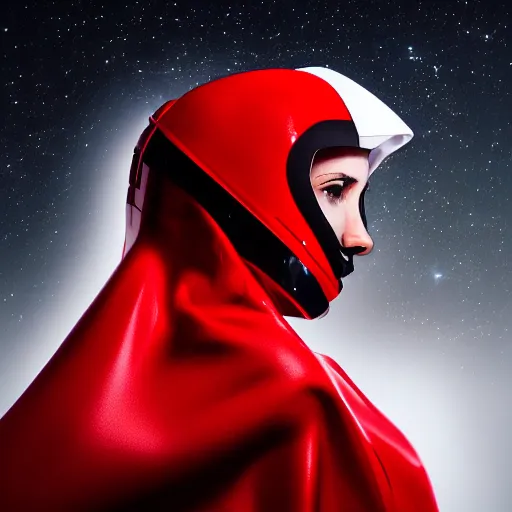 Image similar to headshot of a athletic female soldier in glossy sleek white armor with tiny red details and a long red cape, heroic posture, determined expression, shouting, on the surface of mars, night time, dramatic lighting, cinematic, sci-fi, hyperrealistic