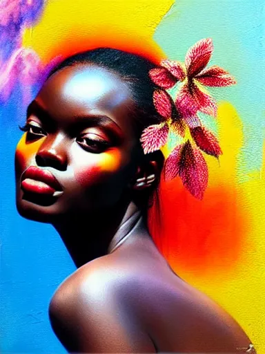 Image similar to portrait of duckie thot with a floral background : : painted by artgerm, karol bak, artur bordalo, sandra chevrier : : portrait, character, illustration, hyperrealism, photorealism,