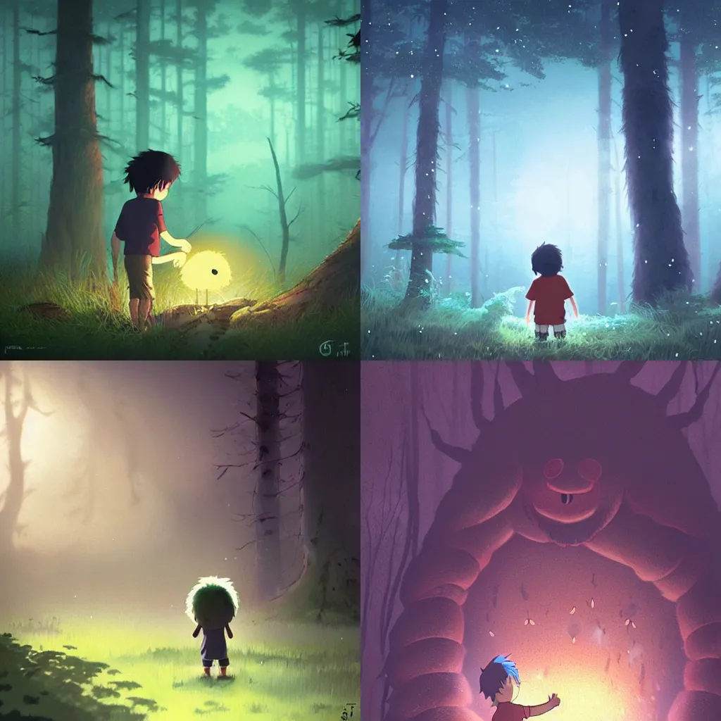 Image similar to a small boy discovers a giant hairy monster in a misty moonlit forest, surrounded by fireflies, art by studio ghibli, trending cgsociety, cinematic lighting