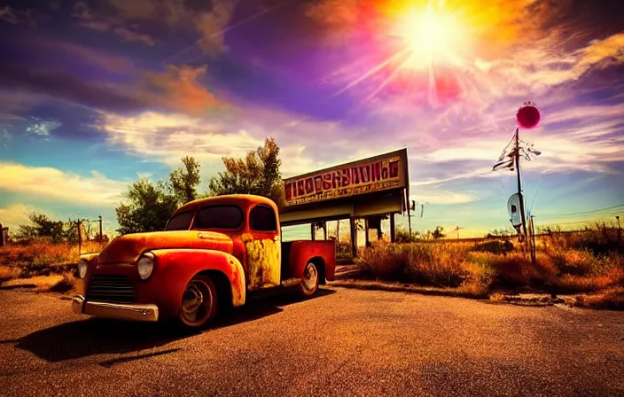 Image similar to A beautiful colorful evening scene of route66, old road with abandoned gas station and rusty old pickup truck, hyper realistic, blinding backlight evening sun, sparkling sun rays, epic scene, intense setting, evening vibe