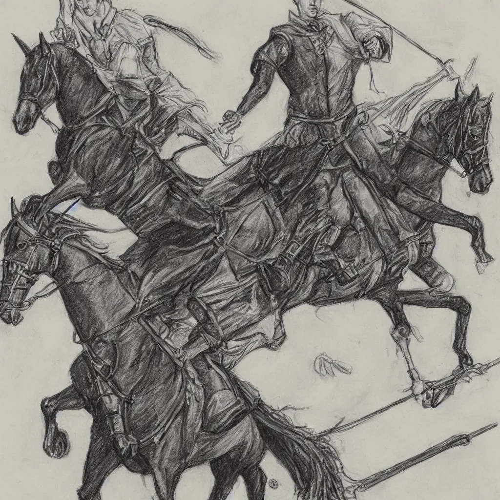 Image similar to sketch of single Draco Malfoy riding one black horse at Hogwarts, drawings, by Mary GrandPré, extreme detail