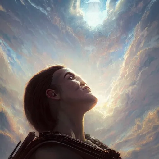 Image similar to ifirst person perspective in a city looking up at the sky to see god's female face looking down at you, doom, fantasy illustration, by greg rutkowski