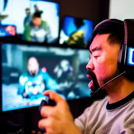 Prompt: Photo of Genghis Khan as a Twitch streamer, wearing a headset, playing video games, close-up, raging, screaming at screen high detail, studio, 85mm Sigma Art Lens