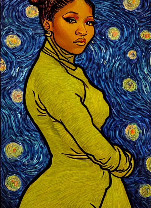 Image similar to a self potrait of nicki minaj in the style of van gogh