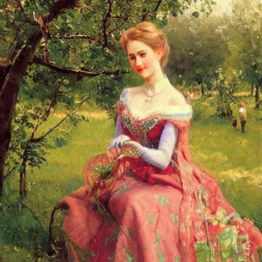 Image similar to portrait of princess elsa outside in an orchard, painted by nikolay makovsky, detailed