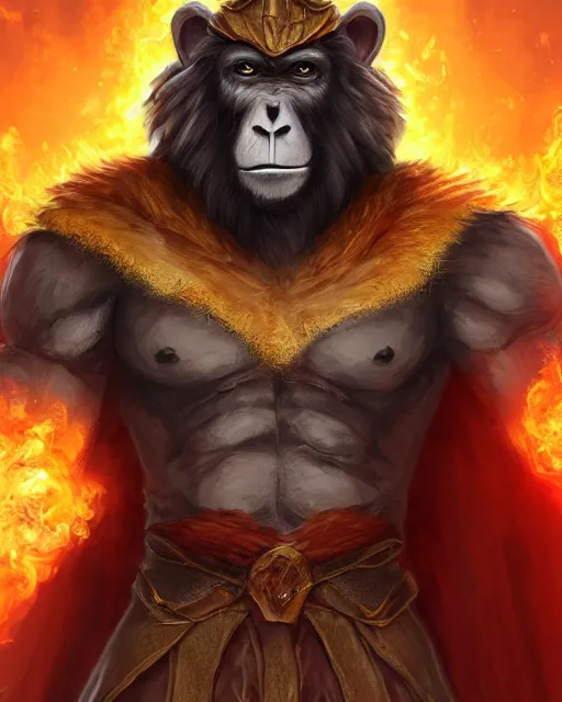 Prompt: fury art, an anthro ape wearing a large cape and a fantasy armor, fire, fiery background, 3 d, 8 k, extremely detailed, trending on furaffinity, trending on artstation, award winning, sharp focus, illustration