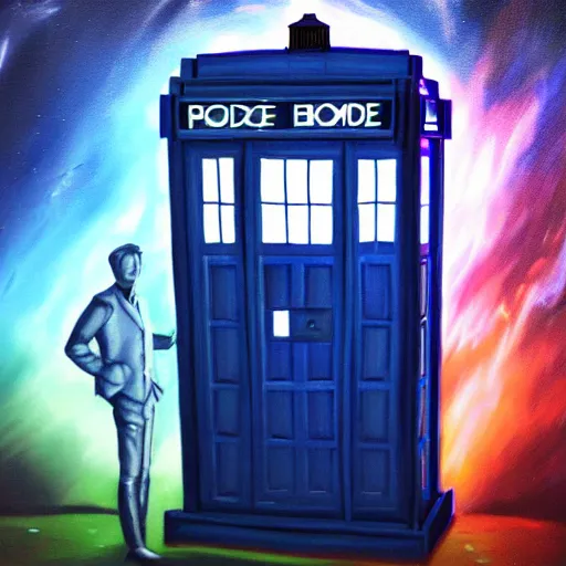 Image similar to view of modern futuristic tardis, time travel, detailed luminescent oil painting 4 k