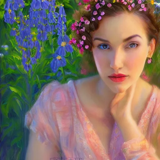 Image similar to a portrait of a romantic woman with flowers grow out of hair, roses peonies forget-me-nots dahlias lupins gladioli, sky theme in background, by Alexandr Averin, Digital Art, Trending on artstation