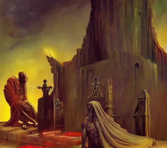 Image similar to robed cyberpunk cultist worshipping at an altar of an ancient god by frank frazetta and bosch, colorful digital art, serious painting, very detailed