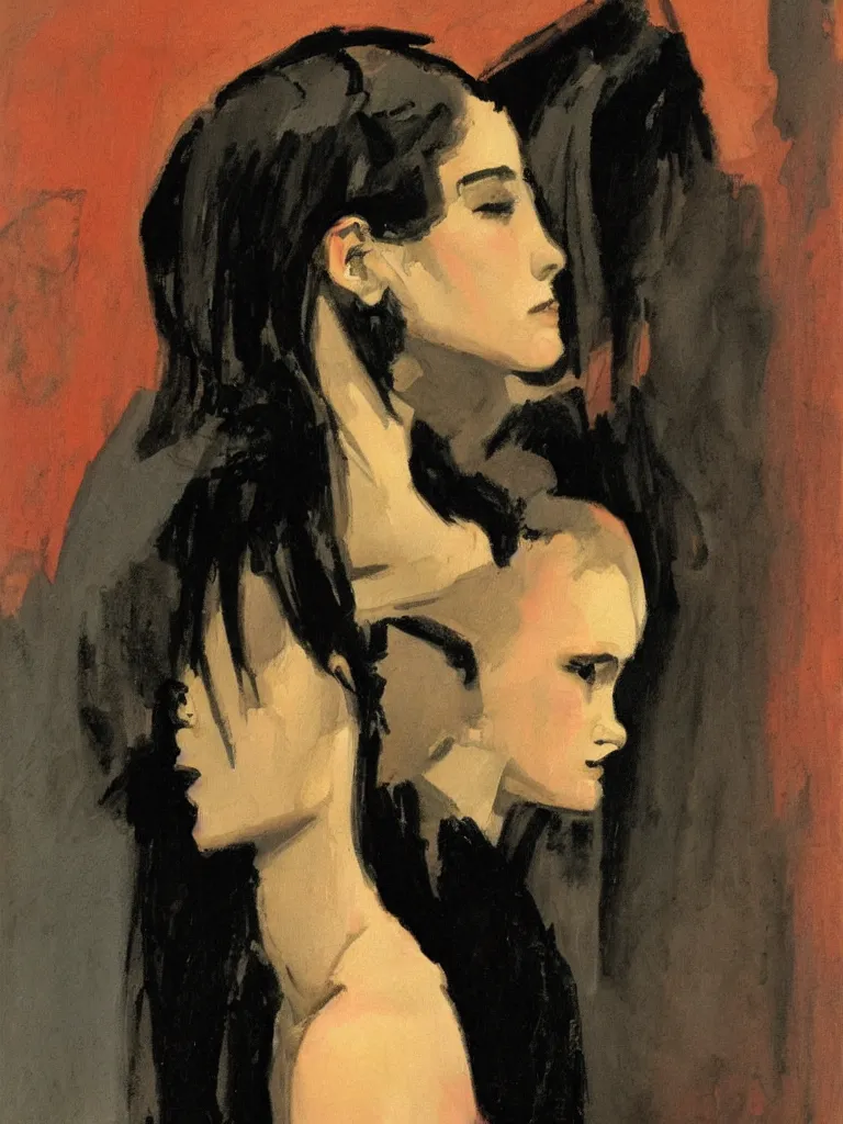 Image similar to portrait profile of one mysterious dark beautiful women in 1 9 7 8, oil painting by john watkiss