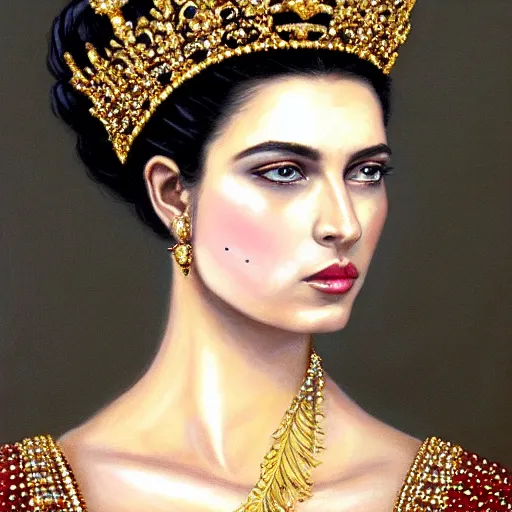 Prompt: Facial portrait of a young beautiful queen, looking away from the camera, seductive smile, heavy gold jewellery, gold and diamond necklaces, elegant revealing intricate dress, sparkle in eyes, lips slightly parted, long flowing hair, no hands visible, delicate, teasing, arrogant, defiant, bored, mysterious, intricate, extremely detailed painting by Mark Brooks (and by Greg Rutkowski), visible brushstrokes, thick paint visible, no light reflecting off paint, vibrant colors, studio lighting