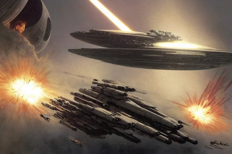 Image similar to ralph mcquarrie concept art, scene : the death star is rocked by explosions as the rebel fleet zooms over, unloading a heavy barrage. luke struggles to carry the enormous weight of his father's dying body toward an imperial shuttle. father's dying body toward an imperial shuttle. by artgerm and greg rutkowski and alphonse mucha