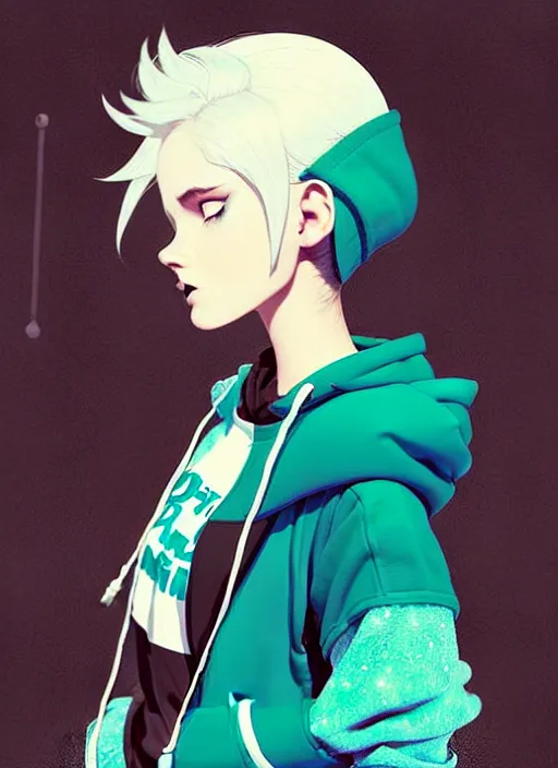 Image similar to highly detailed portrait of a urban punk lady student, blue eyes, hoodie, white hair by atey ghailan, by greg rutkowski, by greg tocchini, by james gilleard, by joe fenton, by kaethe butcher, gradient green, black, brown and teal color scheme, grunge aesthetic!!! ( ( graffiti tag wall background ) )