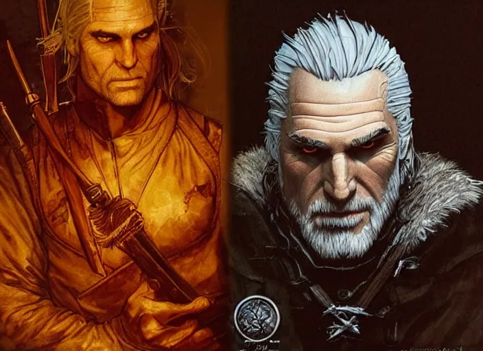 Prompt: geralt of rivia painting carved in amber by chiara bautista and norman rockwell and greg rutkowski weta studio