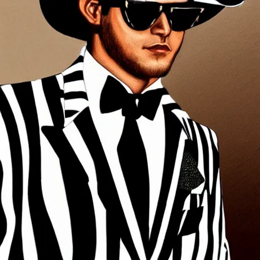 Prompt: “A man with white zebra stripe suit on, featuring sunglasses and a big cowboy hat, D&D sci-fi, artstation, concept art, highly detailed illustration.”