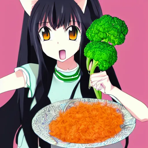 Prompt: an anime catgirl refusing to eat her broccoli, by kawacy