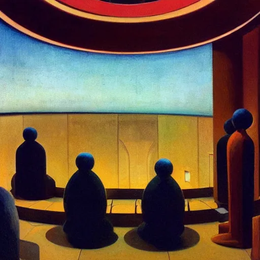 Image similar to three brutalist robotic seers watchers oracles soothsayers inside a dome, pj crook, grant wood, edward hopper, syd mead, oil on canvas