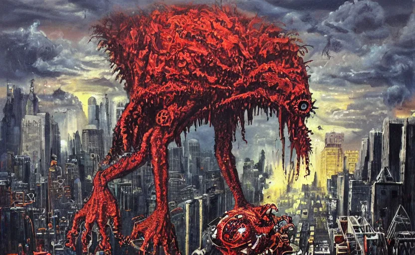 Image similar to an oil painting of atompunk red alert monster that consumes new york city in style of lovecraftian horror by simon bisley