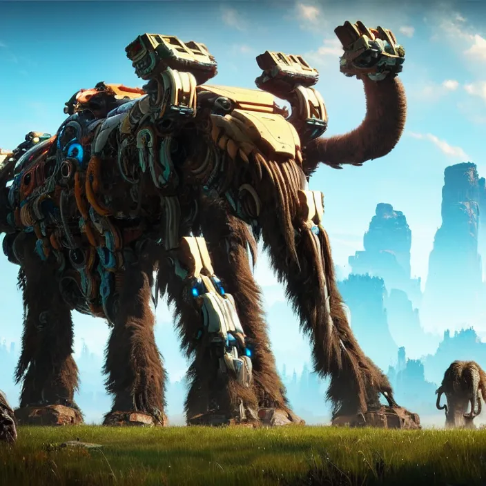 Image similar to photo of a robot mammoth in the style of horizon zero dawn, highly detailed, 4 k, hdr, smooth, sharp focus, high resolution, award - winning photo