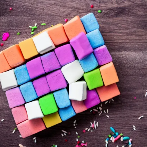 Image similar to photograph of a delicious marshmallow cube with sprinkles on a dark wooden chopping board, pastel colours, professional food photography, photorealistic, depth of field, 4 k, canon 1 d, bohek