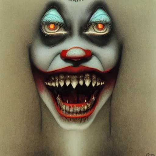 Image similar to evil beautiful female clown by Beksinski