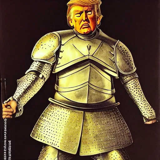 Prompt: donald trump as a knight, shinning armor, knights armor, donald trumps sexy face, intimidating pose, detailed gauntlets, by hans thoma