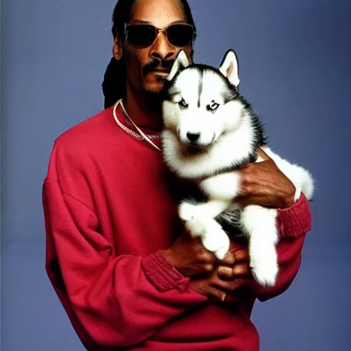 Prompt: Snoop Dogg holding a Husky for a 1990s sitcom tv show, Studio Photograph, portrait, C 12.0