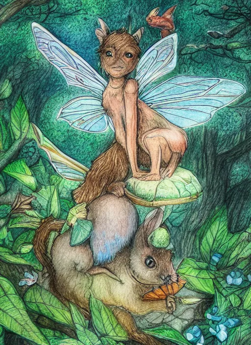 Image similar to detailed coloured pencil drawing of a faerie riding a dormouse in a forest glade, transparent wings, d & d, highly detailed, concept art, dramatic lighting