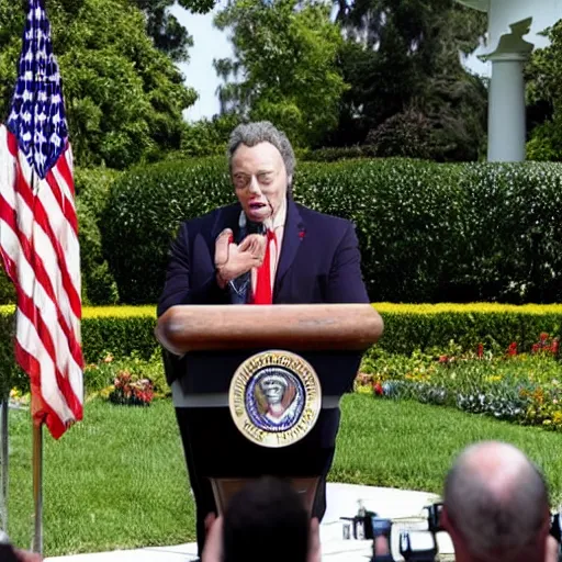 Prompt: actor Tim Curry addresses the media from behind a podium in the White House Rose Garden, associated press photo, photojournalism