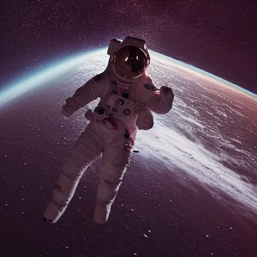 Prompt: photograph of an astronaut against the absolute darkness of space, full body photo,, 8 k