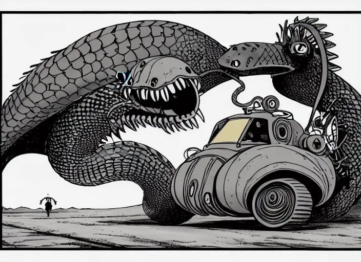 Image similar to a cell shaded cartoon of a lovecraftian mechanized rattlesnake from howl's moving castle ( 2 0 0 4 ), on a desert road, in front of a pale full moon, full body, wide shot, very dull muted colors, studio ghibli, laurie greasley, highly detailed, deviantart, art by artgem