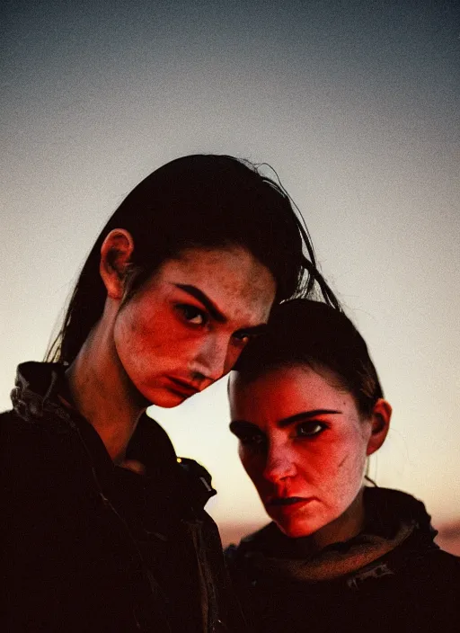 Prompt: cinestill 5 0 d photographic portrait of two loving female androids wearing rugged black techwear on a desolate plain with a red sky in front of a brutalist dark metal building, extreme closeup, cyberpunk style, dust storm, 8 k, hd, high resolution, 3 5 mm, f / 3 2, ultra realistic faces, ex machina