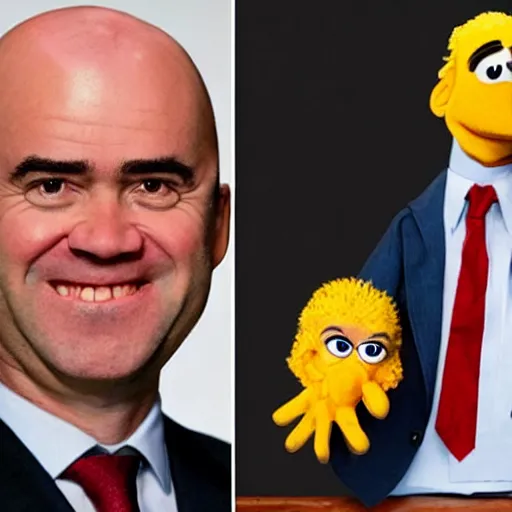 Image similar to Fredrik Reinfeldt as a muppet, photorealistic