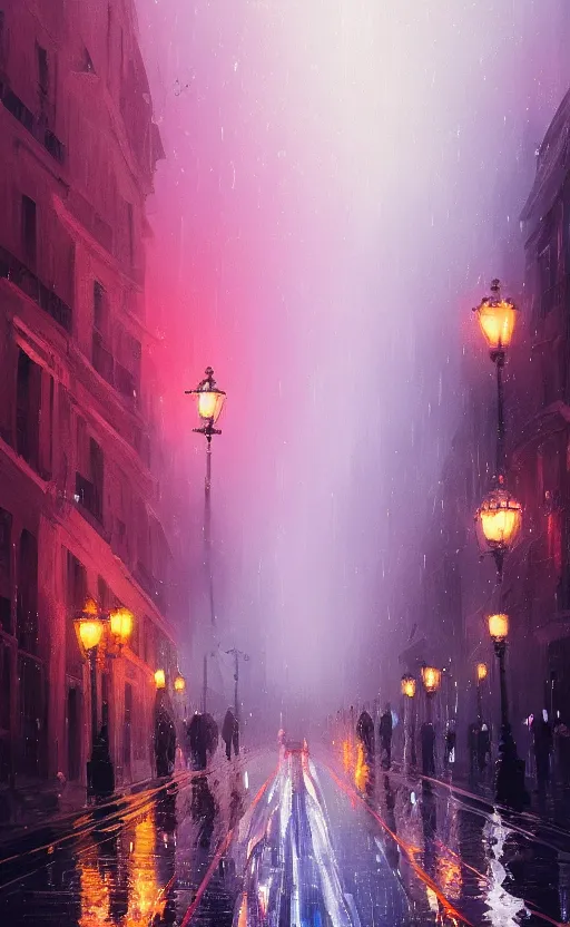 Image similar to a beautiful illustration of rainy victorian london at sunset, art of alena aenami, featured on artstation, vertical orientation, paint brush strokes, expressionism, brushstroke - laden, breathtaking clouds, traffic lights, wet concrete, beauttiful stars, cables, long exposure, gigantic sun, airy theme, red purple gradient, lens flare