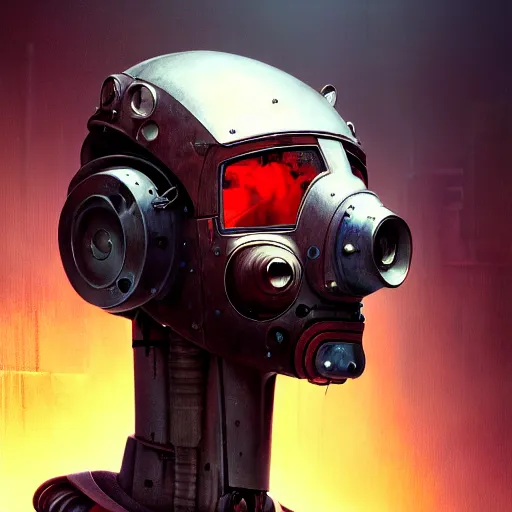 Image similar to a expressive portrait of masked diesel punk robot in dramatic lighting, depth of field background, artstation, award - winning realistic sci - fi concept art by jim burns and greg rutkowski, beksinski, a realism masterpiece, expressive color palette, james gilleard, bruegel, alphonse mucha, and yoshitaka amano