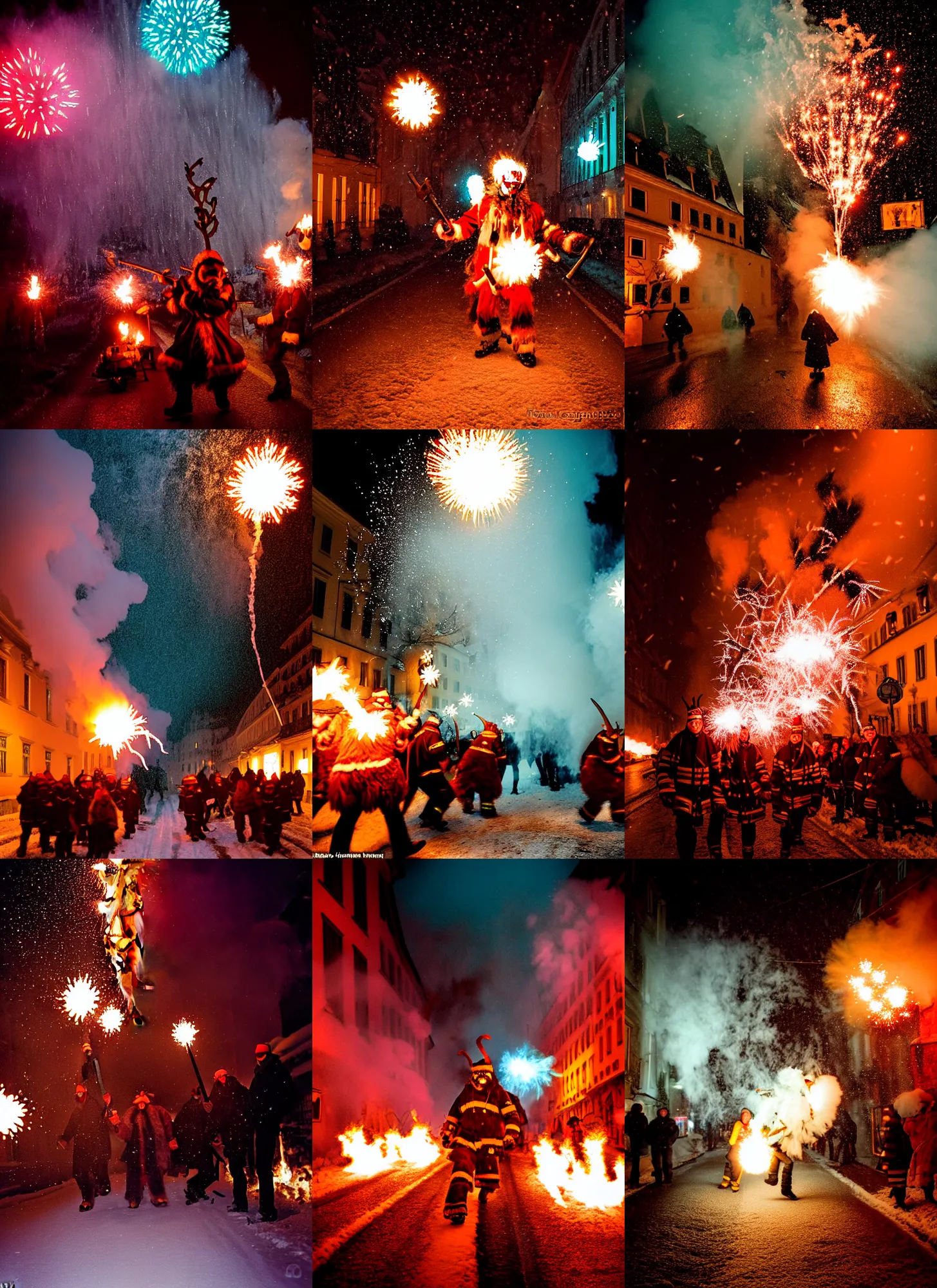 Prompt: kodak portra 4 0 0, winter, snowflakes, hellfire, award winning dynamic photo of a bunch of hazardous krampus between exploding fire barrels by robert capas, motion blur, in a narrow lane in salzburg at night with colourful pyro fireworks and torches, teal lights