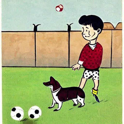 Image similar to illustration of french boy in paris playing football against a corgi, the dog is wearing a polka dot scarf, comic, 1 9 6 2