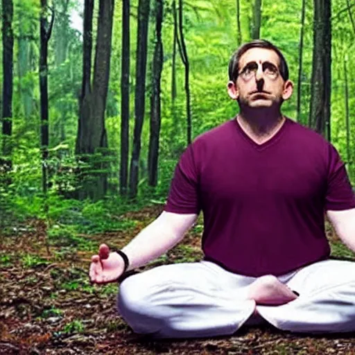 Image similar to chubby Steve Carell meditate in the Forest