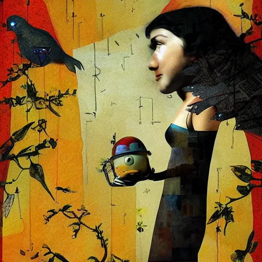 Image similar to a naive woman with a memory that survives the reset of the world, and a small robot bird on her shoulder, collage artwork by dave mckean and esao andrews