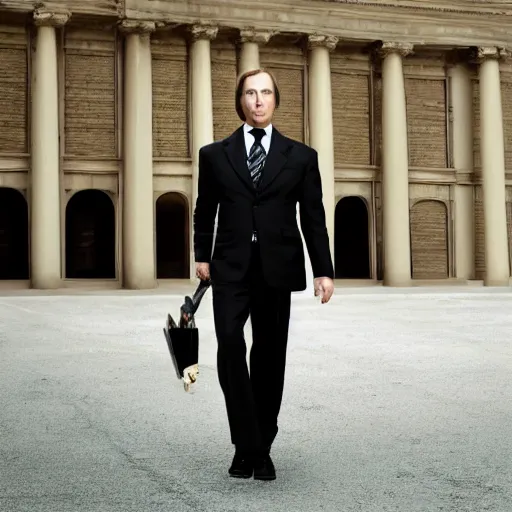 Prompt: Saul Goodman in an elegant black suit with gilded accents, long curly blond hair and imperial nobility