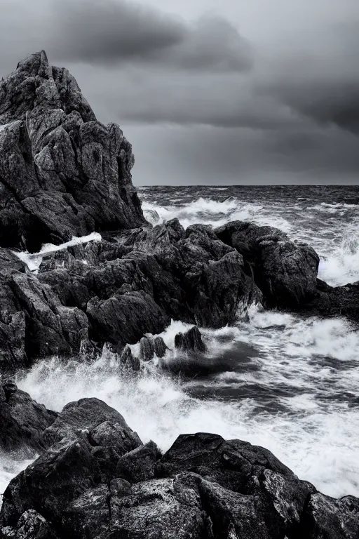 Prompt: a stormy sea shore with brutalist giant rocks, grey tones, 8k resolution, dramatic sky, 3D, depth of field